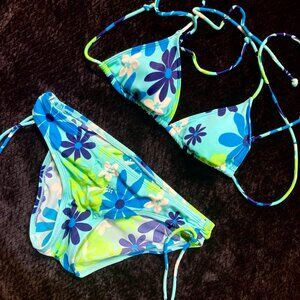 Vtg 90s Y2K 2pc String Bikini Set Hawaiian Tropical Floral Blue Green Delias S/M